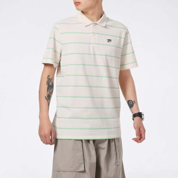 Downtown Stripe Polo Tee Shirt “Beige”