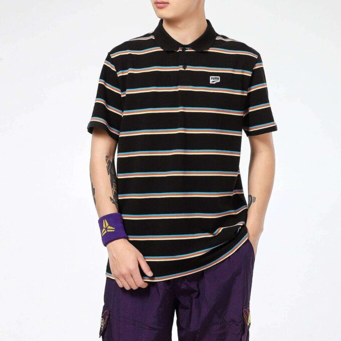 Downtown Stripe Polo Tee Shirt “Black”
