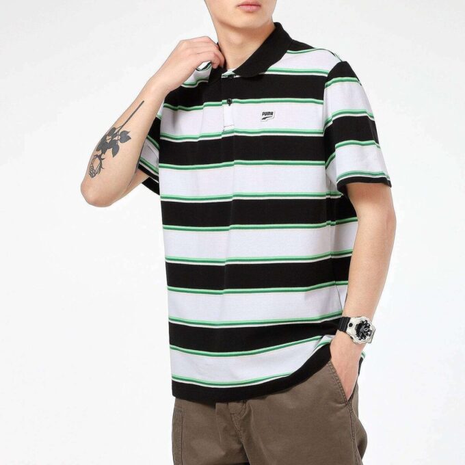 Downtown Stripe Polo Tee Shirt “White”