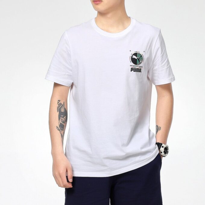 Graffiti Photo Print Short Sleeve T-Shirt “White Blue Red”