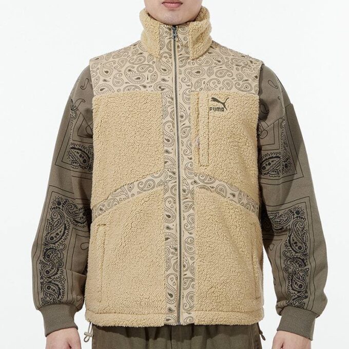 Paisley Woven Sherpa Vest “Tan”