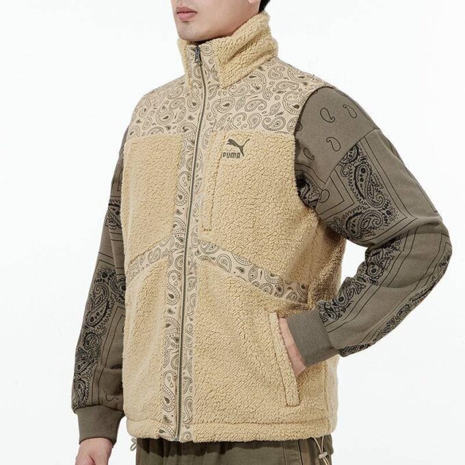 Paisley Woven Sherpa Vest “Tan”