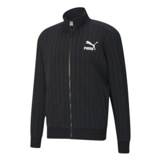 Pinstripe Track Top Stripe Fleece Lined Stand Collar Zipper Jacket Black