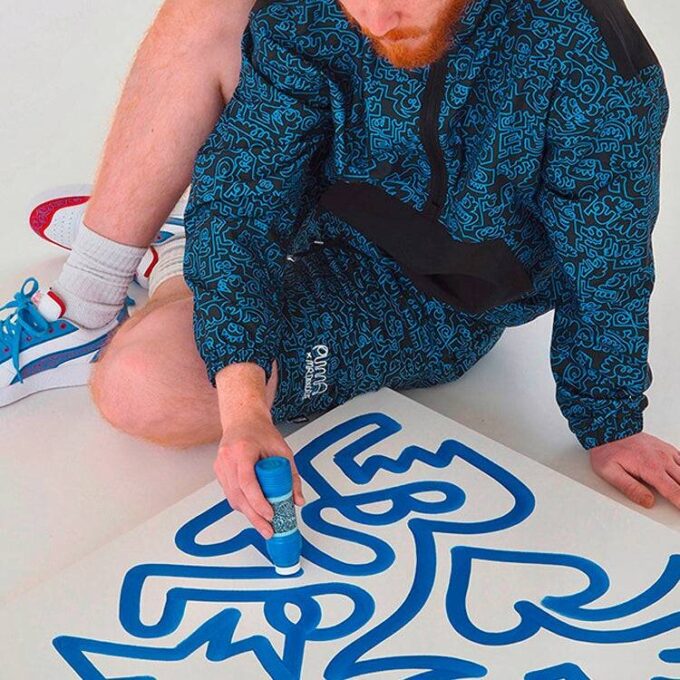 PUMA x Mr Doodle Crossover Graffiti Printing Contrasting Colors Cardigan Stand Collar Jacket Blue