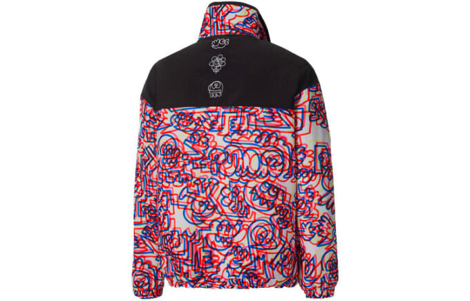 PUMA x Mr Doodle Crossover Graffiti Printing Contrasting Colors Cardigan Stand Collar Jacket Red
