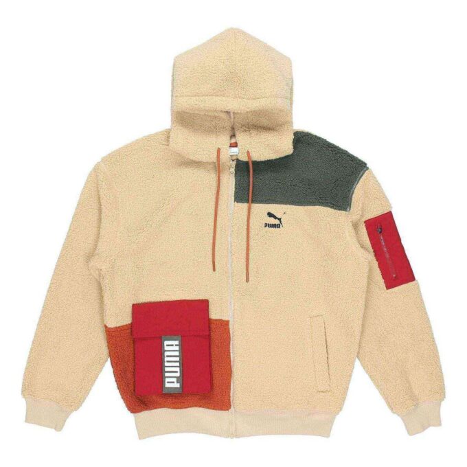 Retro Block Sherpa Full-Zip Hoodie “Beige Red Green”