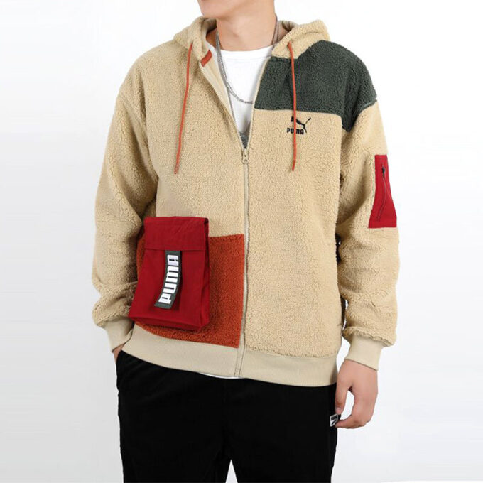 Retro Block Sherpa Full-Zip Hoodie “Beige Red Green”