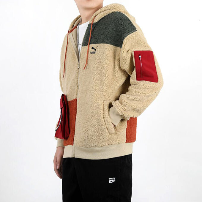 Retro Block Sherpa Full-Zip Hoodie “Beige Red Green”
