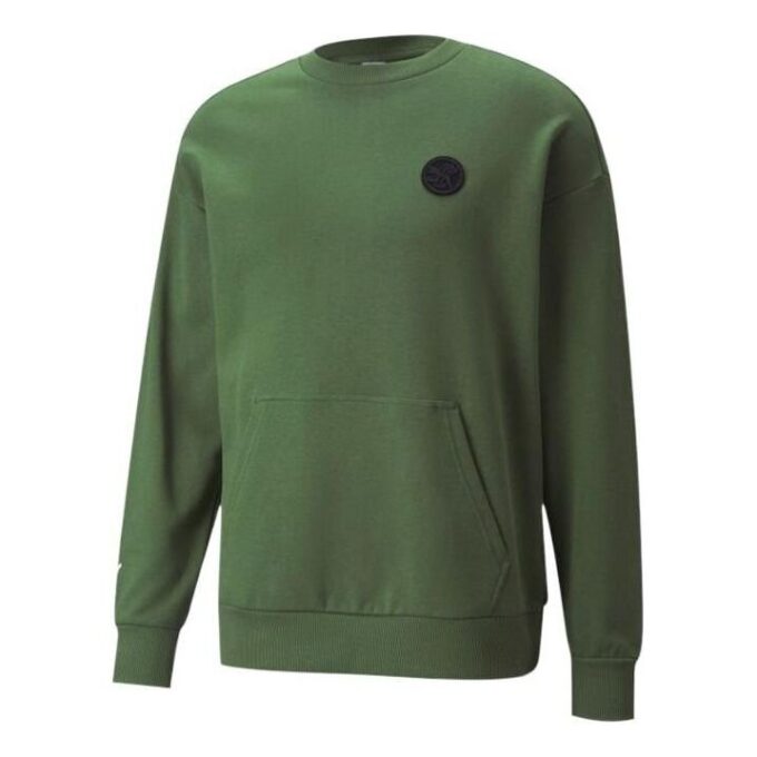 Solid Color Logo Round Neck Pullover Long Sleeves Unisex Green