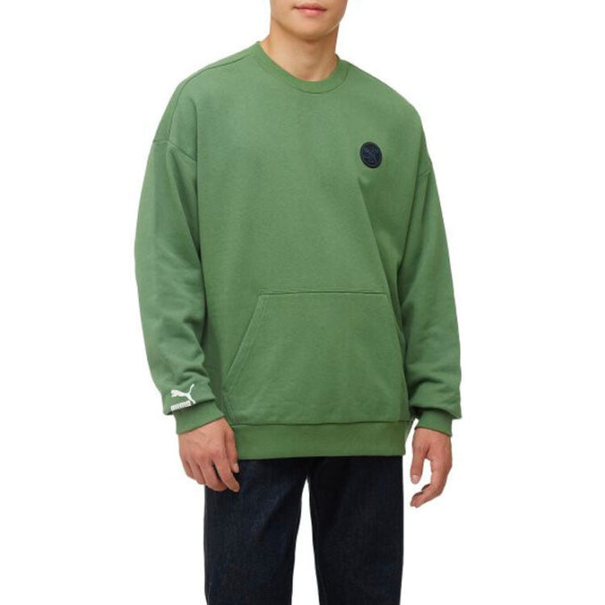 Solid Color Logo Round Neck Pullover Long Sleeves Unisex Green