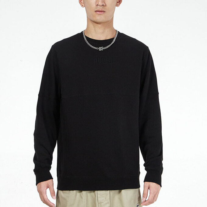 Solid Color Logo Sports Round Neck Pullover Black