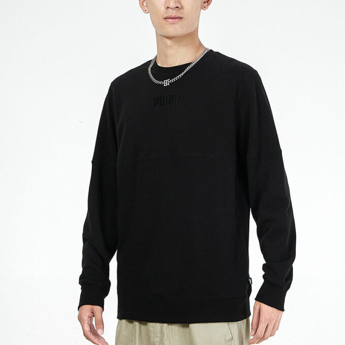 Solid Color Logo Sports Round Neck Pullover Black