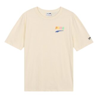 Sports Alphabet Cartoon Printing Round Neck Short Sleeve Beige