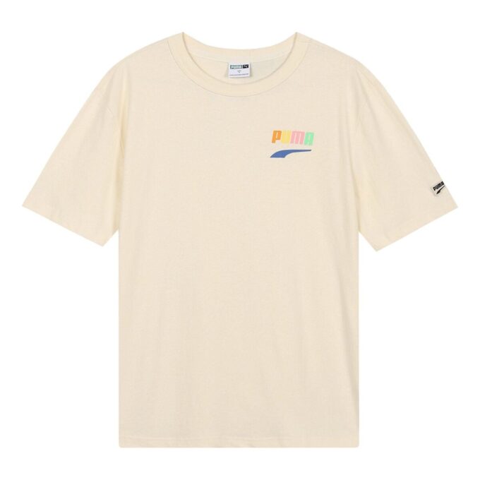 Sports Alphabet Cartoon Printing Round Neck Short Sleeve Beige