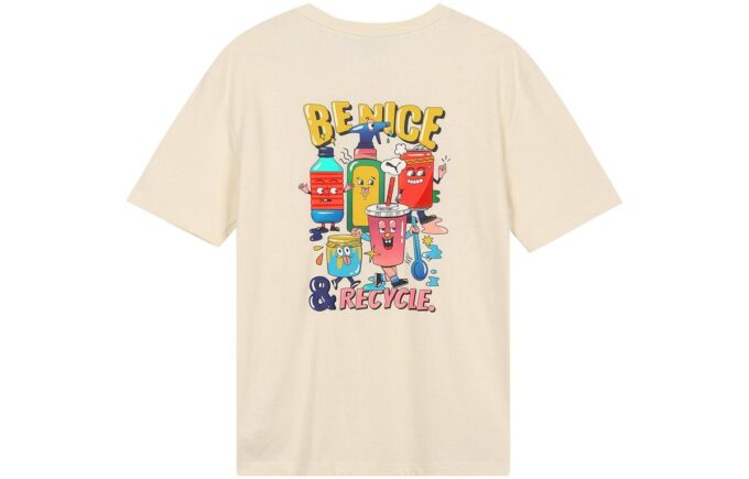 Sports Alphabet Cartoon Printing Round Neck Short Sleeve Beige