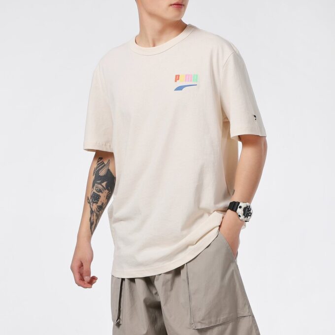 Sports Alphabet Cartoon Printing Round Neck Short Sleeve Beige