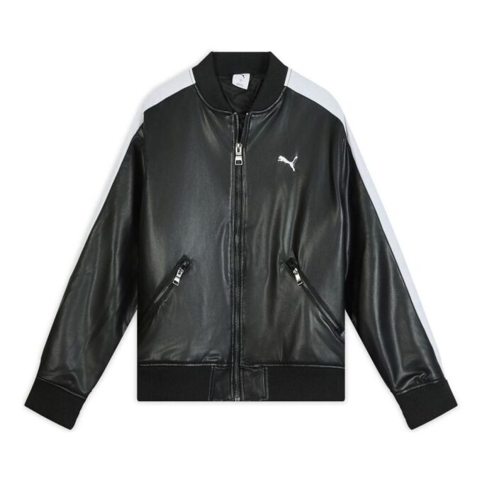 T7 Faux Leather Baseball Jacket “Black White”