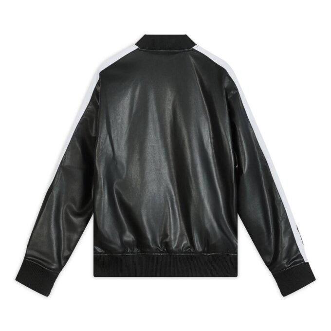T7 Faux Leather Baseball Jacket “Black White”